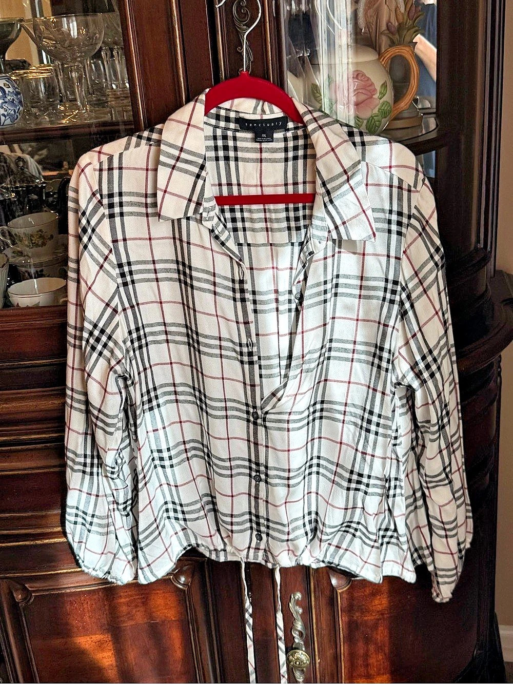 Sanctuary Plaid Button-Down Top in White & Black and Red  Size XXL